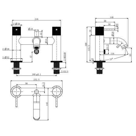 VACMT05C Vantara Comet Bath Shower Mixer in Chrome Line Drawing