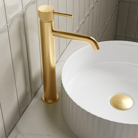VACMT03BR Vantara Comet Tall Basin Mixer in Brushed Brass Lifestyle