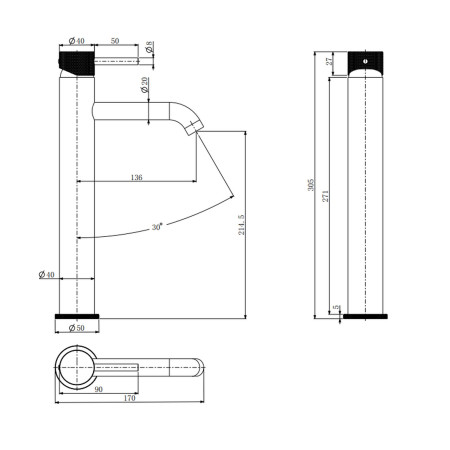 VACMT03K Vantara Comet Tall Basin Mixer in Black Line Drawing