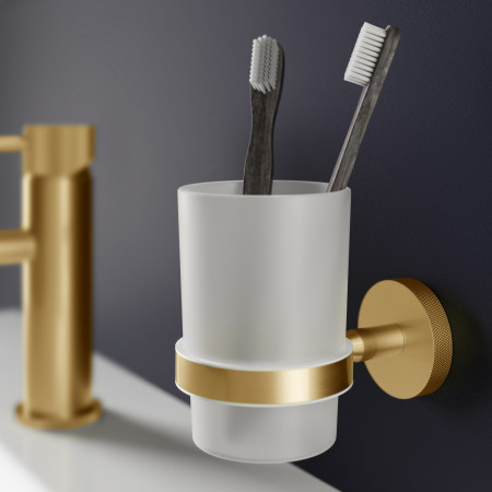 VACMT4BR Vantara Comet Tumbler and Holder in Brushed Brass Lifestyle