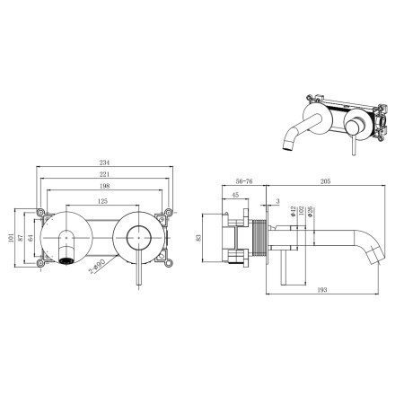 VAFTN07GM Vantara Fortune 2TH Wall Mounted Basin Mixer in Gunmetal Grey Line Drawing