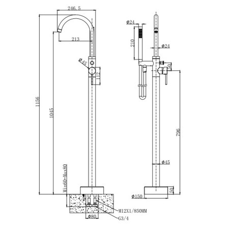 VAFTN6GM Vantara Fortune Floorstanding Bath Shower Mixer in Gunmetal Grey Line Drawing