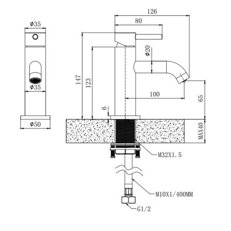 VAFTN01GM Vantara Fortune Mini Mono Basin Mixer with Waste in Gunmetal Grey Line Drawing