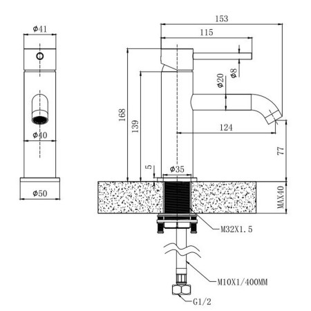 VAFTN02GM Vantara Fortune Mono Basin Mixer with Waste in Gunmetal Grey Line Drawing