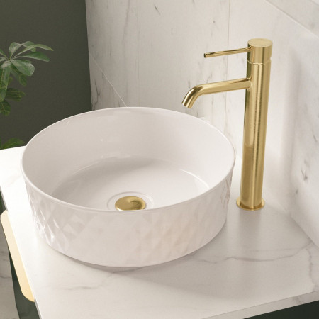 VAFTN06BR Vantara Fortune Tall Mono Basin Mixer in Brushed Brass Lifestyle