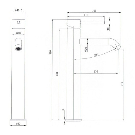 VAFTN06GM Vantara Fortune Tall Mono Basin Mixer in Gunmetal Grey Line Drawing