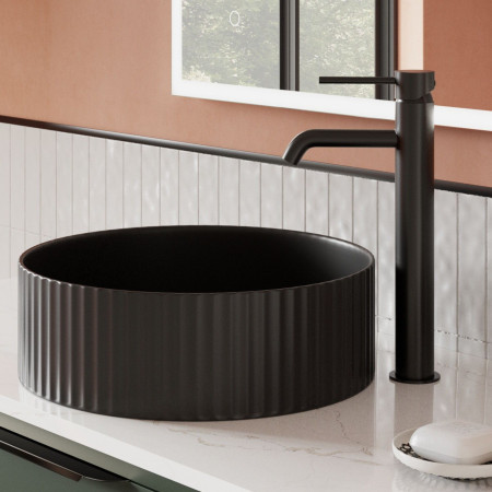 VAVEN36MB Vantara Venus 360mm Matt Black Patterned Countertop Basin Lifestyle