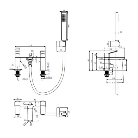 VAASC04C Vantara Ascent Bath Shower Mixer in Chrome Line Drawing