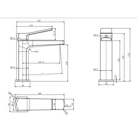 VAASC01C Vantara Ascent Mono Basin Mixer with Waste in Chrome Line Drawing