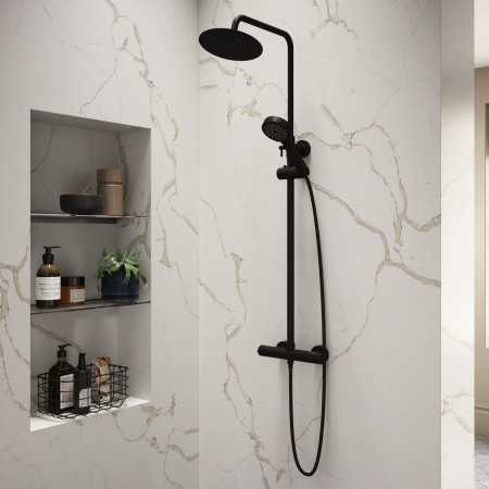 VAEASY1K Vantara Easy Bar Shower in Black with Round Fixed Head and Slide Rail Lifestyle