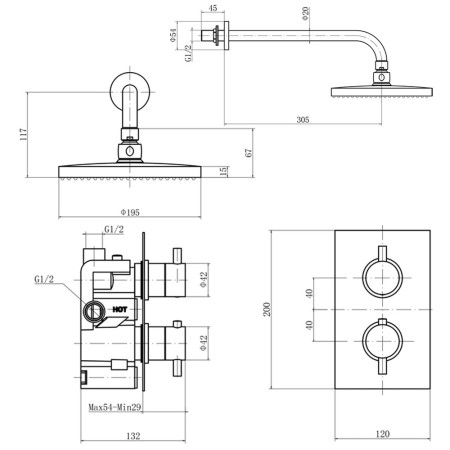 TSS008 Trisen Curc Chrome Concealed Thermostatic Shower Set Line