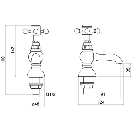 TT101 Trisen Formby Crosshead Chrome Basin Taps Line Drawing