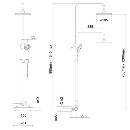 TSS109 Trisen Harik 2 Chrome Round Exposed Thermostatic Shower Set Line Drawing