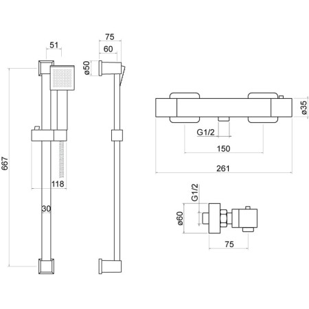 TSS201 Trisen Piron Black Exposed Bar Valve Shower Set Line