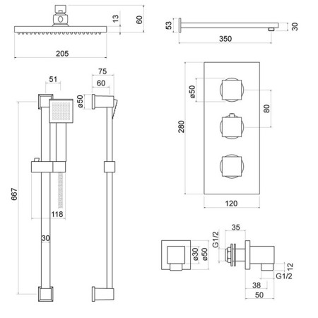 TSS702 Trisen Raffa Brushed Brass Concealed Thermostatic Shower Set Line