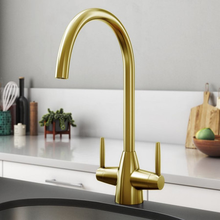 TK015BG Trisen Roune Brushed Gold Two Handle Kitchen Tap Lifestyle