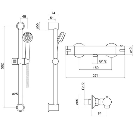 TSS001 Trisen Sharo Chrome Exposed Round Bar Valve Shower Set Line