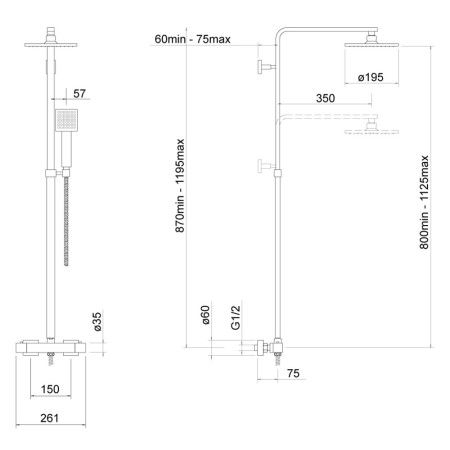 TSS100 Trisen Zacha Chrome Square Thermostatic Exposed Shower Line Drawing