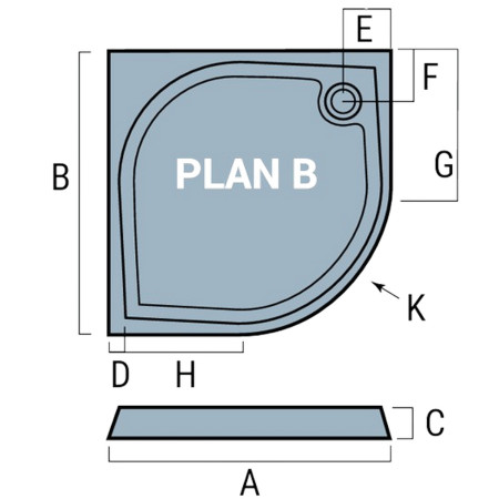 51.057 Vanguard 25 900 x 900mm Quadrant Shower Tray Line Drawing Plan