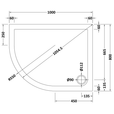 48.1048 Vantage 1000 x 800mm Left Hand Offset Quadrant Shower Tray Technical Drawing