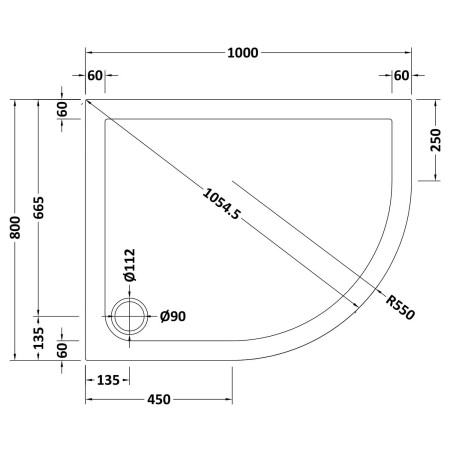 48.1049 Vantage 1000 x 800mm Right Hand Offset Quadrant Shower Tray Technical Drawing