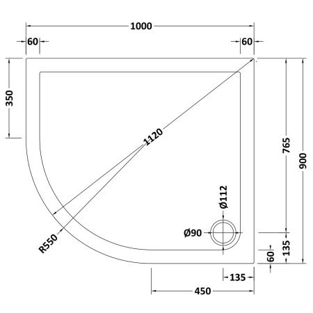 48.1050 Vantage 1000 x 900mm Left Hand Offset Quadrant Shower Tray Technical Drawing