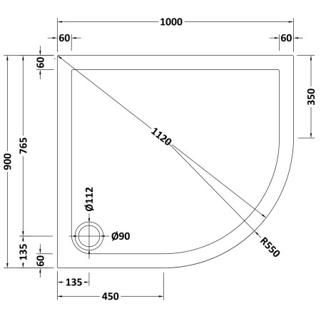 48.1051 Vantage 1000 x 900mm Right Hand Offset Quadrant Shower Tray Technical Drawing