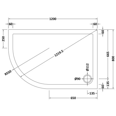 48.1052 Vantage 1200 x 800mm Left Hand Offset Quadrant Shower Tray Technical Drawing