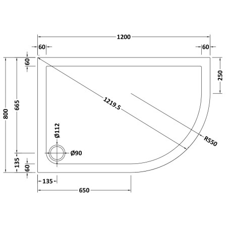 48.1053 Vantage 1200 x 800mm Right Hand Offset Quadrant Shower Tray Technical Drawing