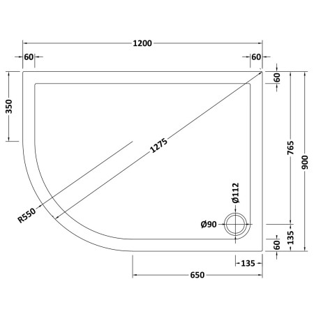 48.1054 Vantage 1200 x 900mm Left Hand Offset Quadrant Shower Tray Technical Drawing