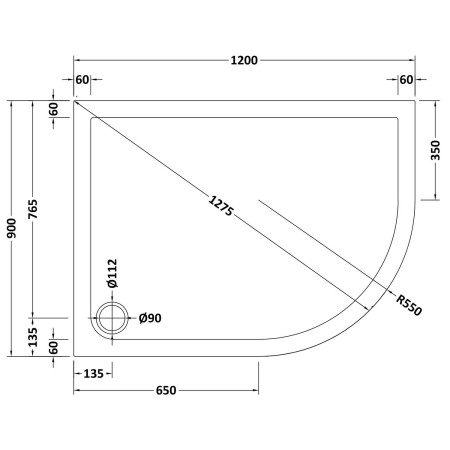 48.1055 Vantage 1200 x 900mm Right Hand Offset Quadrant Shower Tray Technical Drawing