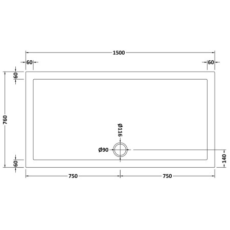 48.1028 Vantage 1500 x 760mm Rectangular Shower Tray Line Drawing