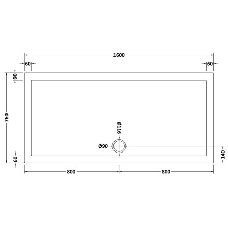 48.1032 Vantage 1600 x 760mm Rectangular Shower Tray Technical Drawing