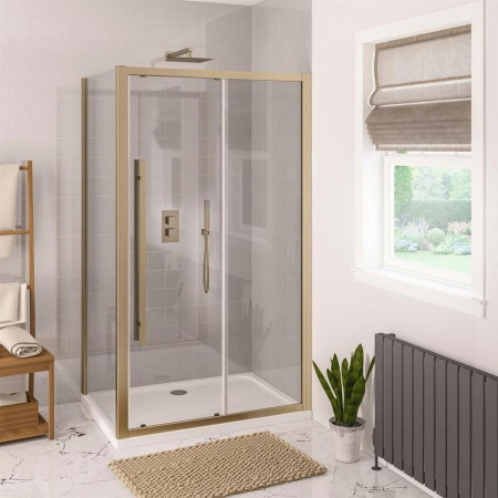 49.5007 Vantage 2000 6mm Brushed Brass 1700mm Sliding Shower Door with a Side Panel