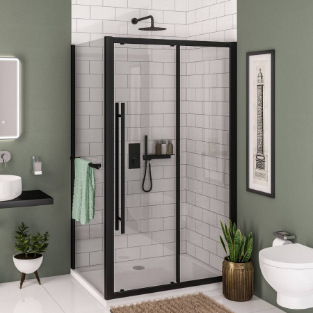 49.0006 Vantage 2000 6mm Matt Black 1100mm Sliding Shower Door with a Side Panel and Towel Rail