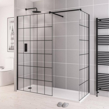 49.1089 Vantage 2000 8mm Matt Black 1400mm Framed Wetroom Panel with a Side Panel