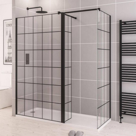 49.1084 Vantage 2000 8mm Matt Black 900mm Framed Wetroom Panel with a Flipper Panel and Side Panel