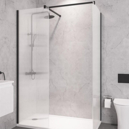 49.5118 Vantage 2000 8mm Matt Black 1100mm Fluted Wetroom Panel wih a Side Panel