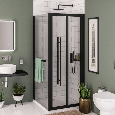 49.0046 Vantage 2000 Matt Black 700mm Bifold Shower Door with a Side Panel and Towel Rail