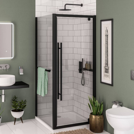 49.0020 Vantage 2000 Matt Black 760mm Pivot Shower Door with Side Panel and Towel Rail