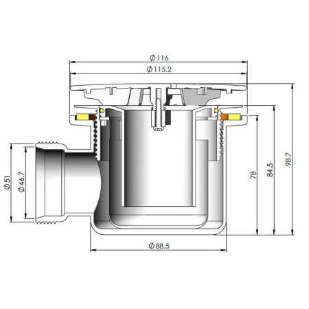 48.1067 Vantage 90mm Chrome Fast Flow Shower Waste Technical Drawing