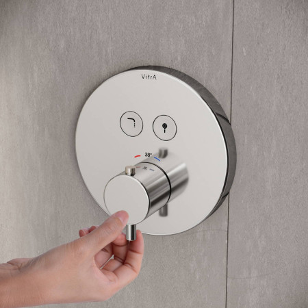 A42718EXP VitrA Aquacontrol Chrome Round Thermostatic Concealed Dual Outlet Shower Valve Front View