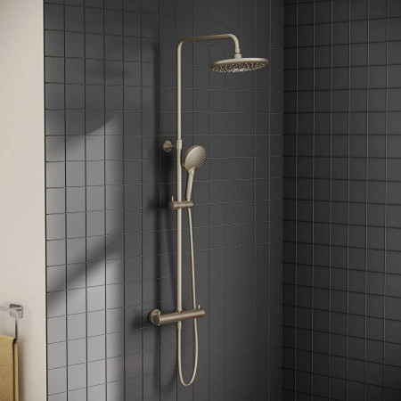 A4720534VUK VitrA Aquaheat Bliss 240 Brushed Nickel Thermostatic Bar Mixer Shower with Kit Lifestyle
