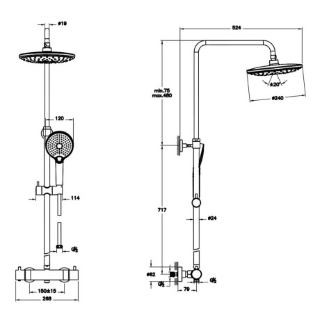A4720536VUK VitrA Aquaheat Bliss 240 Matt Black Thermostatic Bar Mixer Shower with Kit Dimensions