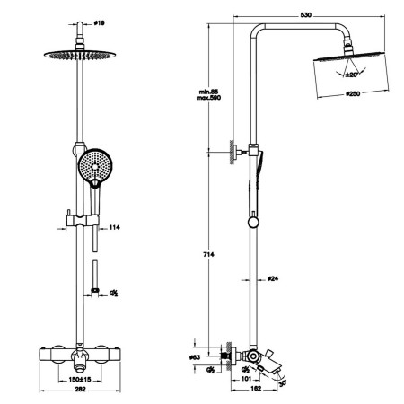 A47209VUK VitrA Aquaheat Bliss 250B Chrome Thermostatic Bar Mixer Shower with Bath Spout Dimensions