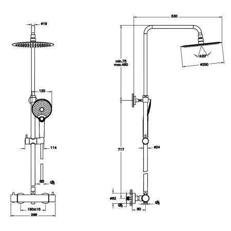 A47201VUK VitrA Aquaheat Bliss 250 Chrome Thermostatic Bar Mixer Shower with Kit Dimensions