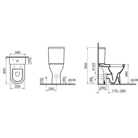 5421L003-7200 VitrA Close Coupled Comfort Height Open Back WC Pan and Seat Dimensions