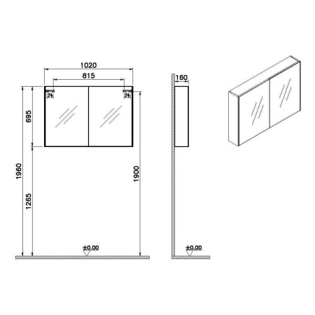 66903 VitrA Double Door 1000 x 700mm Brushed Chrome Bathroom Mirror Cabinet Dimensions