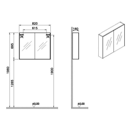 66902 VitrA Double Door 800 x 700mm Brushed Chrome Bathroom Mirror Cabinet Dimensions