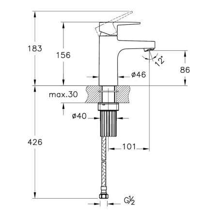 A43044VUK VitrA Flow Square Chrome Mini Basin Mixer Dimensions